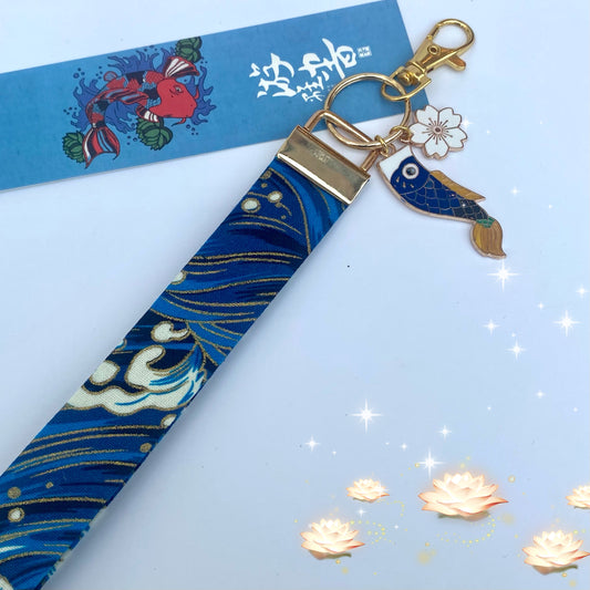Japanese style key fob keychain wrist strap lanyard with koi fish sakura charms