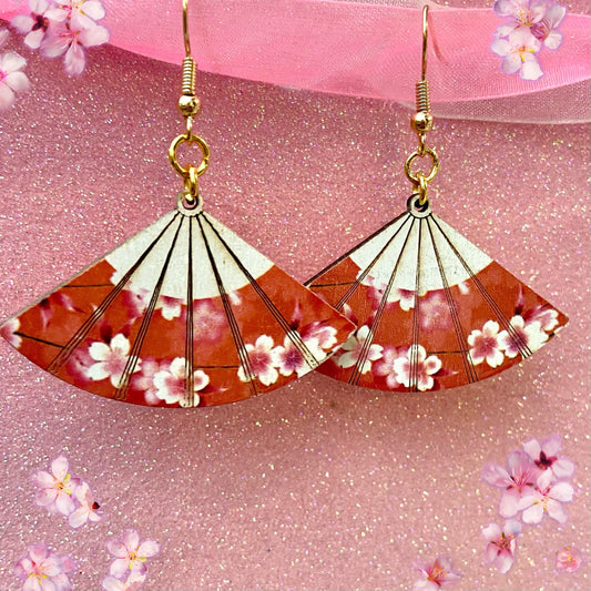 Sakura cherry blossom red Japanese wood fan earrings dangle drop pretty gift