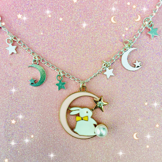 handmade silver chain necklace choker pastel pink bunny silver stars and moon