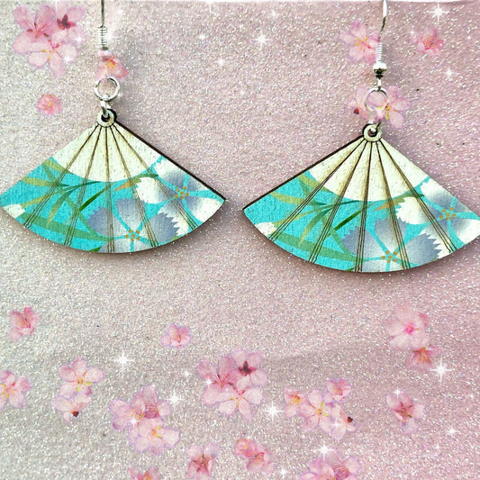 Pretty blue Sakura Japanese blossom fan  earrings kawaii pastel cottage core dangle drop