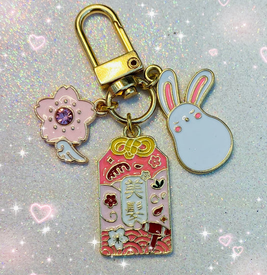 Lucky anime moon bunny keyring phone case charm with cherry blossom omamori charm