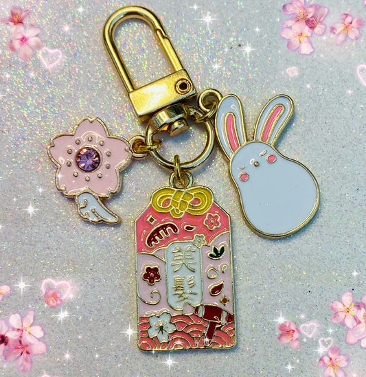 Lucky anime moon bunny keyring phone case charm with cherry blossom omamori charm