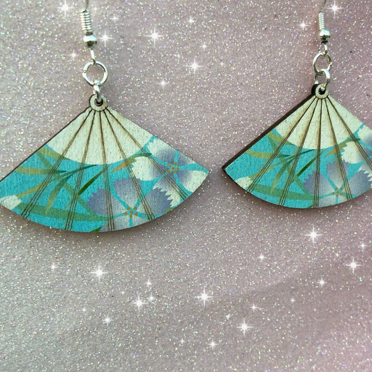 Pretty blue Sakura Japanese blossom fan  earrings kawaii pastel cottage core dangle drop