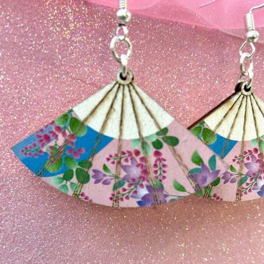 Pretty floral earrings sakura Japanese blossom wooden fan earrings