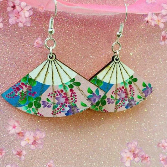 Pretty floral earrings sakura Japanese blossom wooden fan earrings
