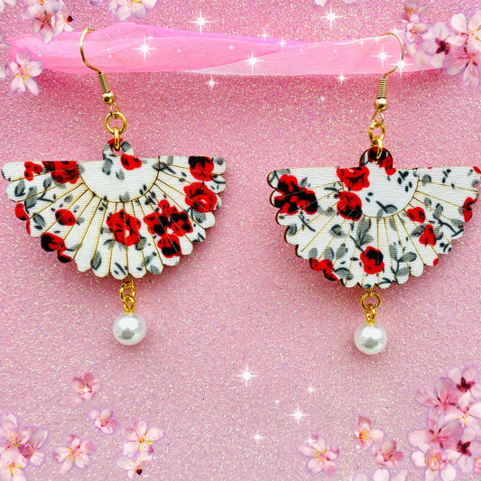 Red and white Japanese blossom fan earrings kawaii cherry blossom jewellery