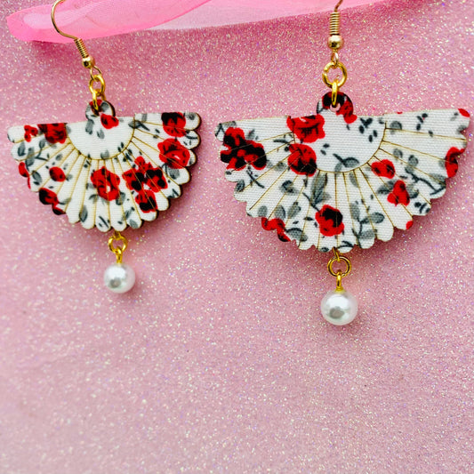Red and white Japanese blossom fan earrings kawaii cherry blossom jewellery
