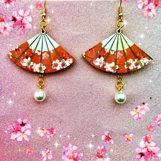 Sakura Japanese red wooden fan earrings cherry blossom pearl detail