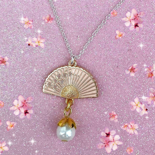 Japanese fan and Sakura blossom Pearl drop silver fine chain necklace
