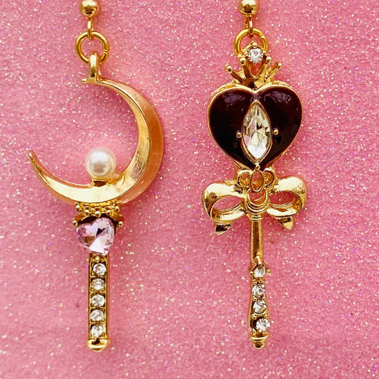 Japanese cute anime earrings crown heart wand dangle earrings cardcaptor sceptre crescent moon cosplay earrings