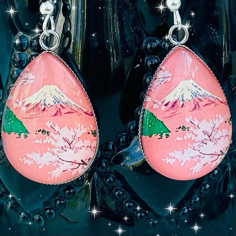 Japanese view  Mount Fuji cherry blossom tear drop earrings clear  flat back cabochon Sakura