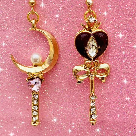 Japanese cute anime earrings crown heart wand dangle earrings cardcaptor sceptre crescent moon cosplay earrings