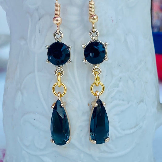 Handmade black crystal two sparkle gem teardrop gold earrings