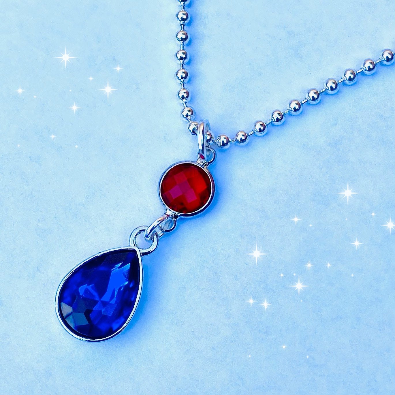 Two gem howls red blue crystal gem pendant silver ball bead necklace.