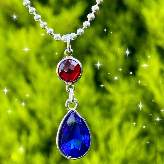 Two gem howls red blue crystal gem pendant  silver ball bead necklace.