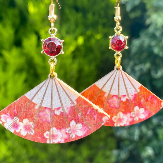 Pretty Japanese traditional red fan Sakura earrings  jewel cherry  blossom wood fan earrings
