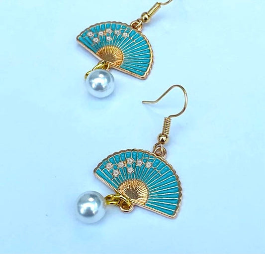 Sakura vintage blue fan earrings Japanese blossom enamel gold pearl details