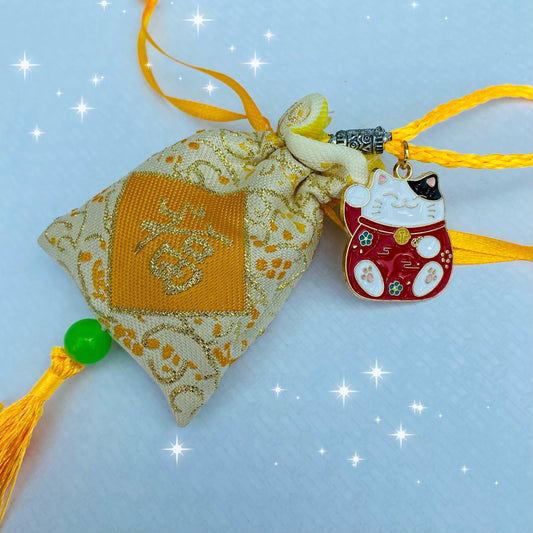 Lucky Chinese maneki neko waving cat pendant charm bag with lucky stones anime success omamori safety gift