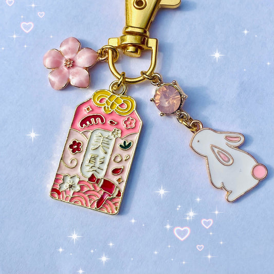Japanese pink Omamori bunny moon sparkle gem keyring with flower charm