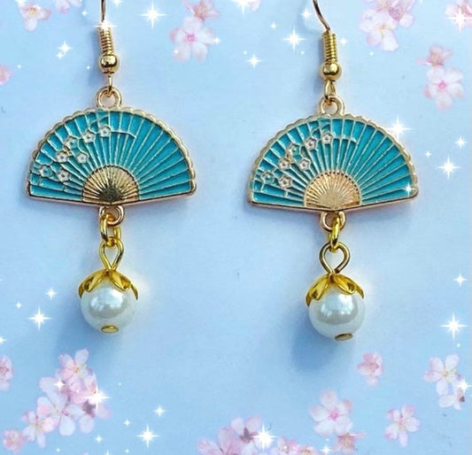 Sakura vintage blue fan earrings Japanese blossom enamel gold pearl details