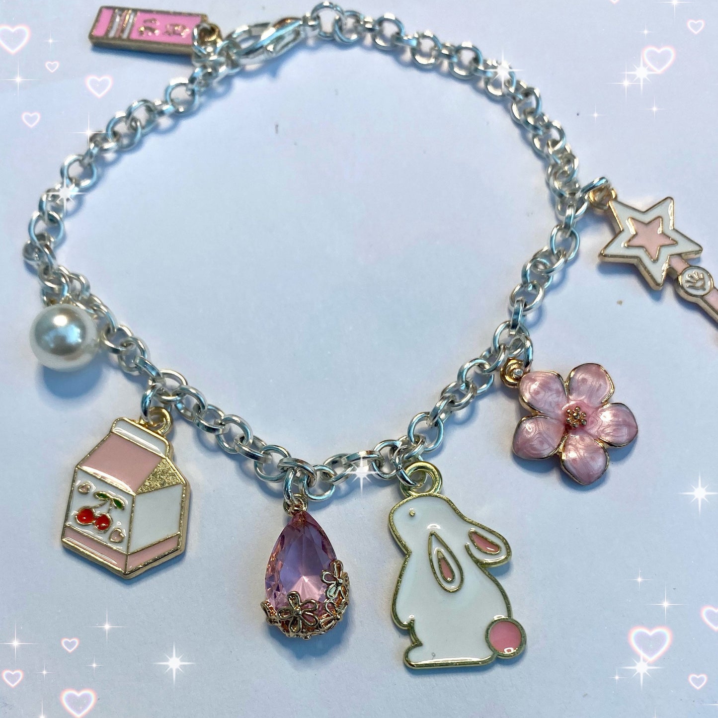 handmade silver charm bracelet cherry milk pink themed kawaii bunny wand charms