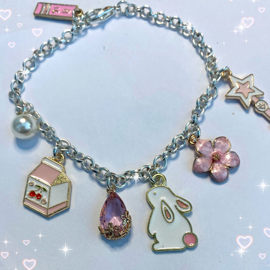 handmade silver charm bracelet cherry milk pink themed kawaii bunny wand charms  