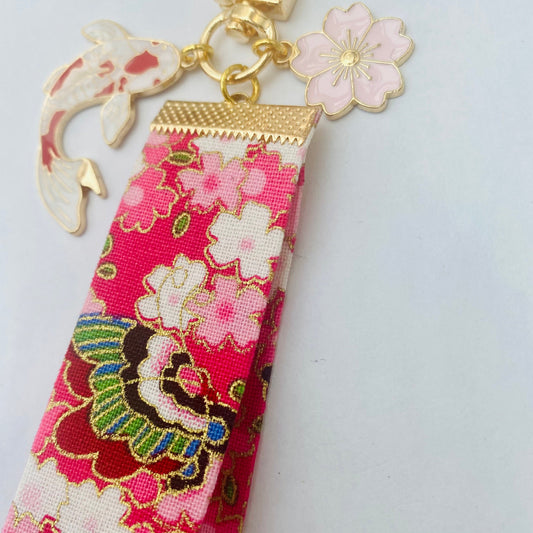 Kawaii Japanese blossom sakura style key fob wrist strap koi fish charms lanyard