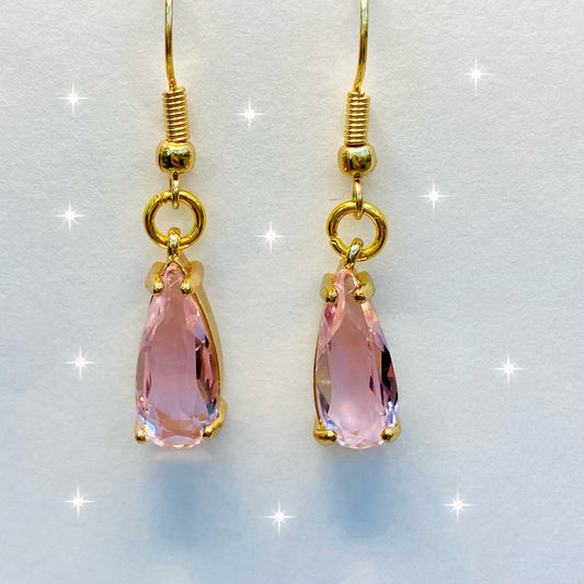 handmade clear pink gemstone in claw setting gold earrings dangle