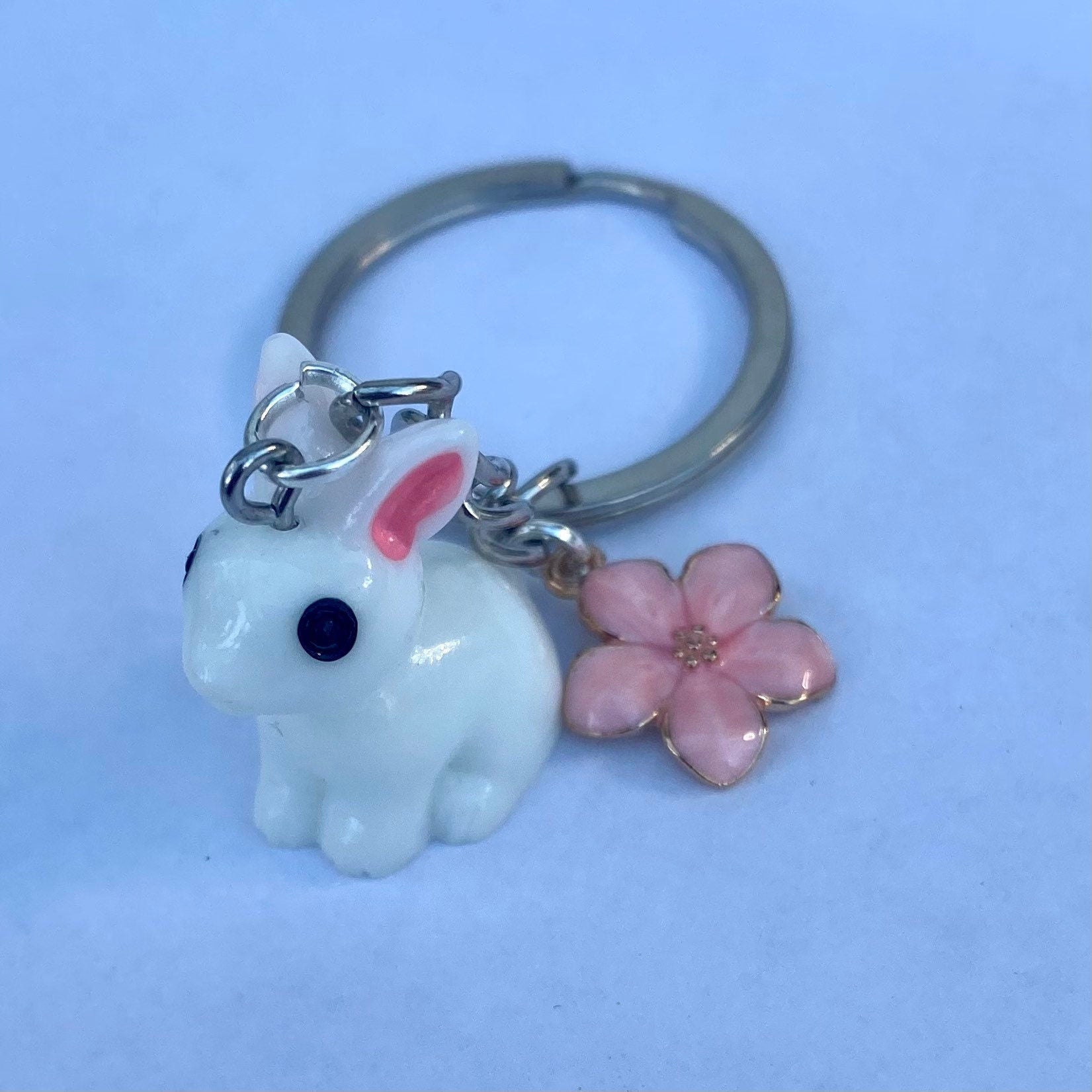 White pink ear bunny on steel keyring with pink cherry blossom sakura  charm