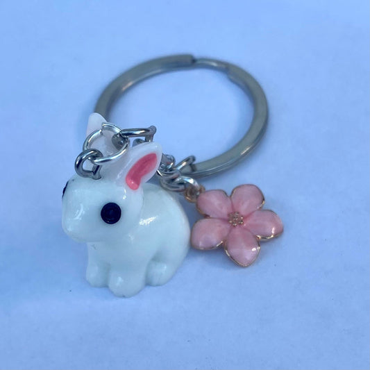 White pink ear bunny on steel keyring with pink cherry blossom sakura  charm