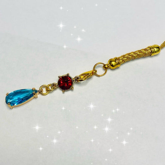 Two gem anime  red blue crystal phone charm gold rope 