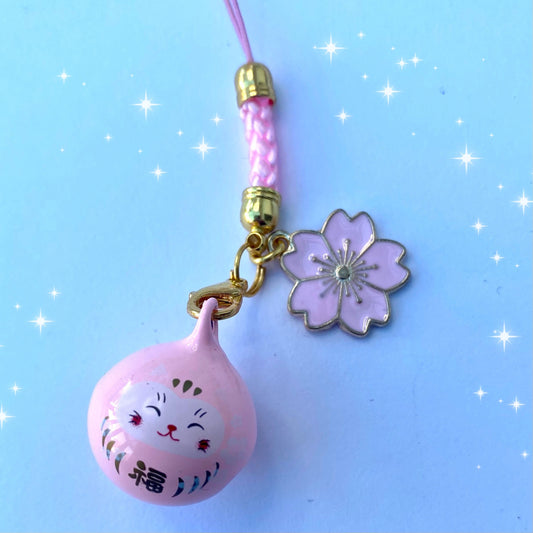Phone charm japanese maneki neko bell sakura flower waving lucky cat anime