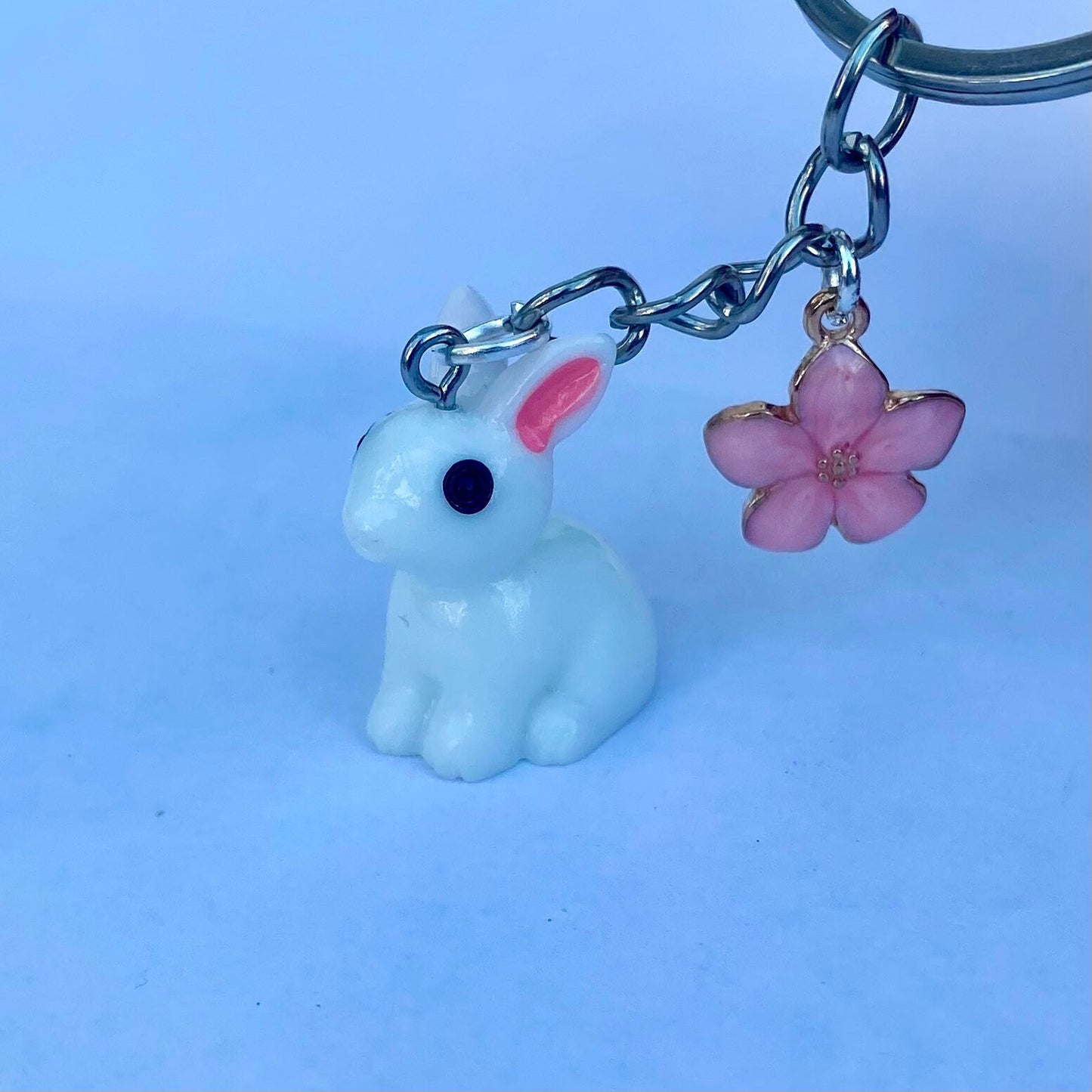 White pink ear bunny on steel keyring with pink cherry blossom sakura  charm