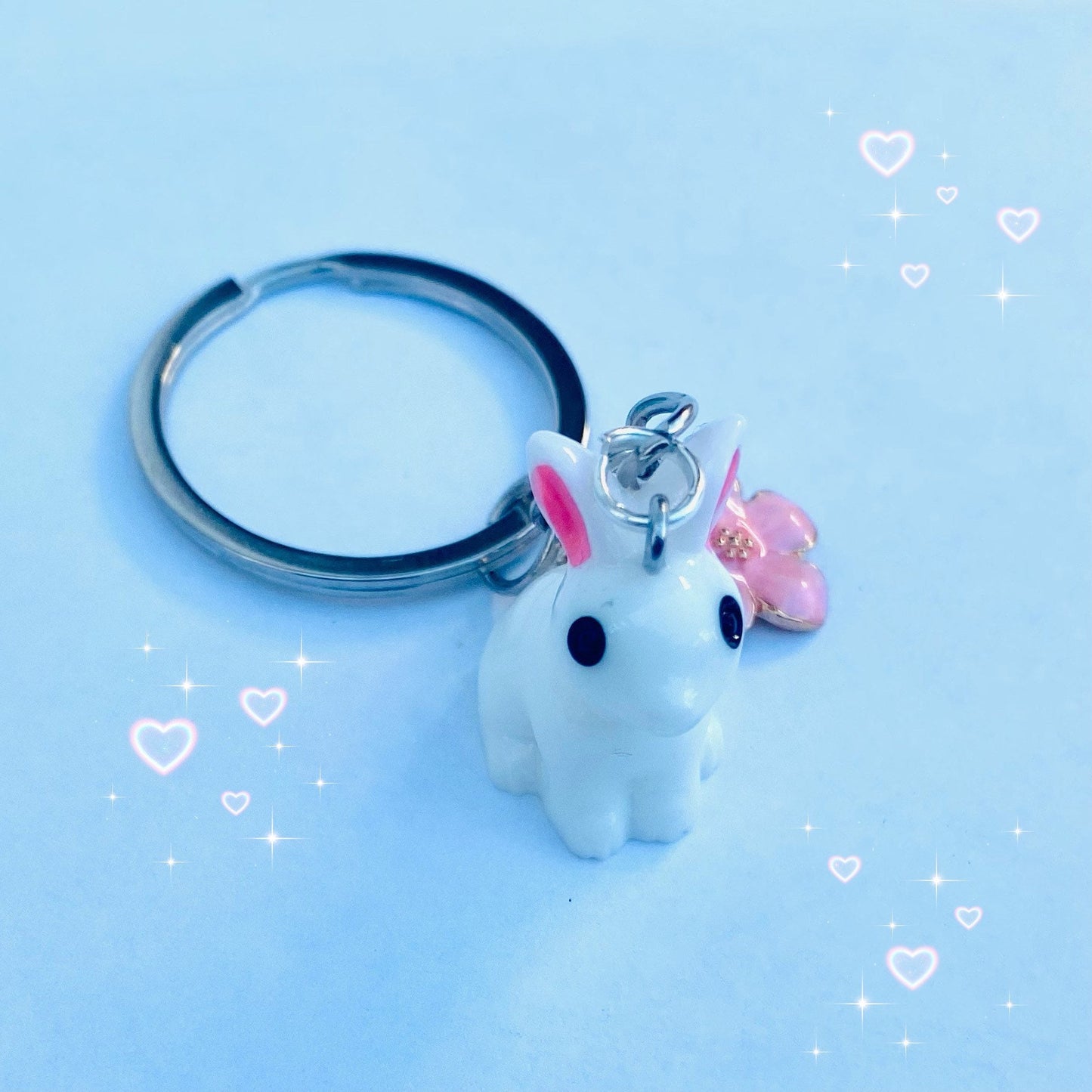 White pink ear bunny on steel keyring with pink cherry blossom sakura  charm