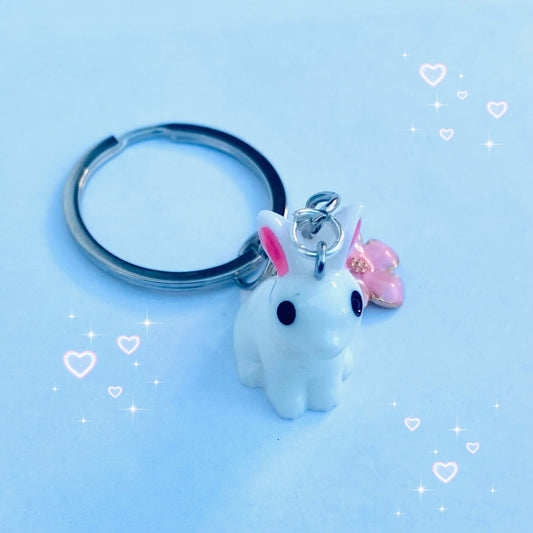 White pink ear bunny on steel keyring with pink cherry blossom sakura  charm 