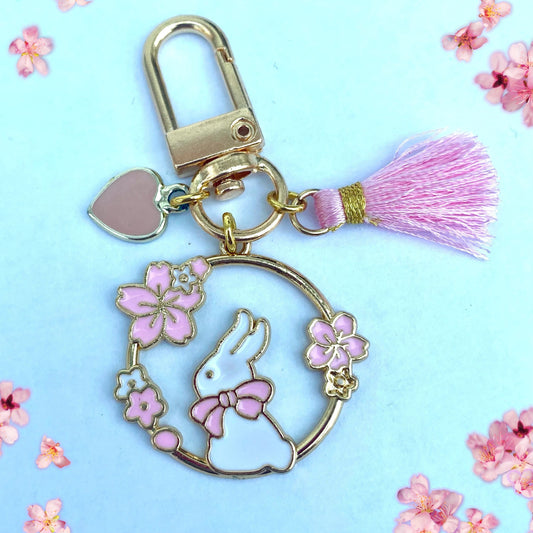 Japanese sakura bunny keyring phone case charm with mini tassel heart charms