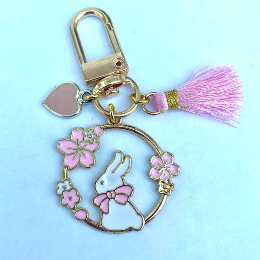 Japanese sakura bunny keyring phone case charm with mini tassel heart charms