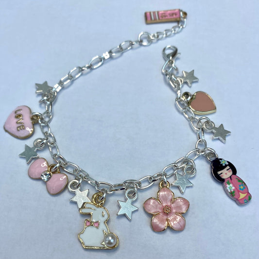 handmade bunny silver chain charm bracelet pink sakura geisha