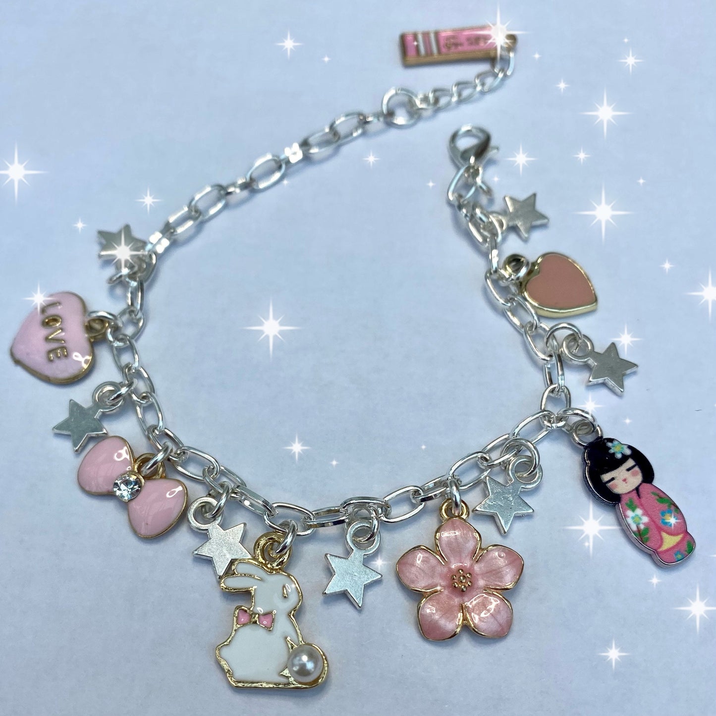 handmade silver charm bracelet pink themed kawaii anime bunny sakura