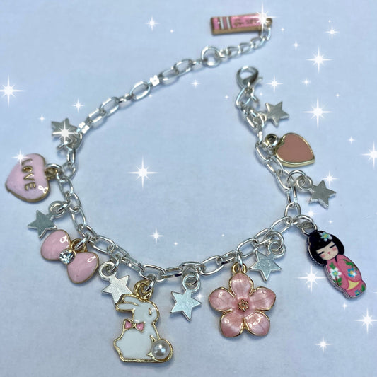 handmade silver charm bracelet pink themed kawaii anime bunny sakura