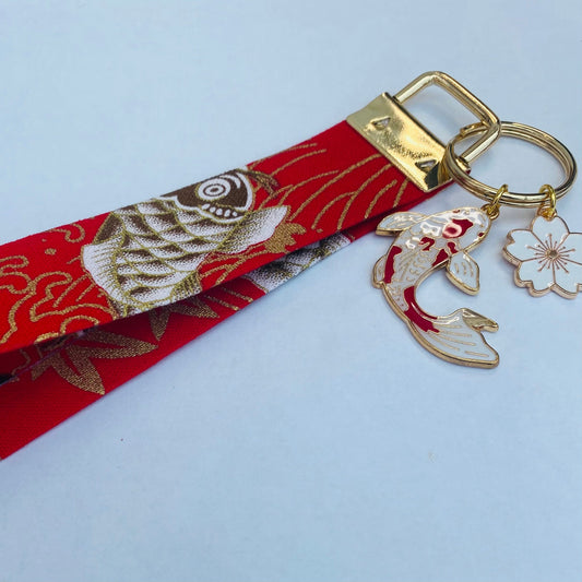 Handmade Japanese keyfob wrist strap keychain kimono style koi ribbon sakura koi fish lanyard