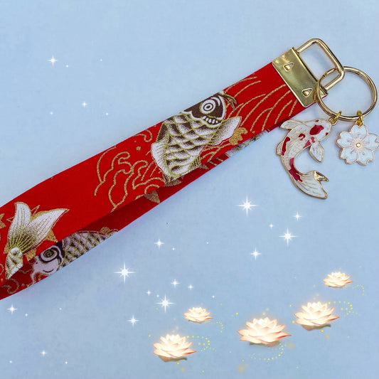 Handmade Japanese keyfob wrist strap keychain kimono style koi ribbon sakura koi fish lanyard