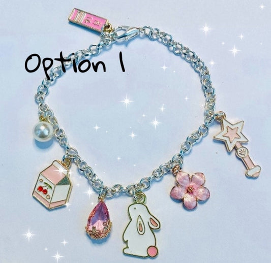 option 1 charm bracelet wand pink gem flower cherry milk