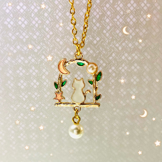 Kawaii anime moon cat  necklace pearl pastel fine gold chain gift anime celestial