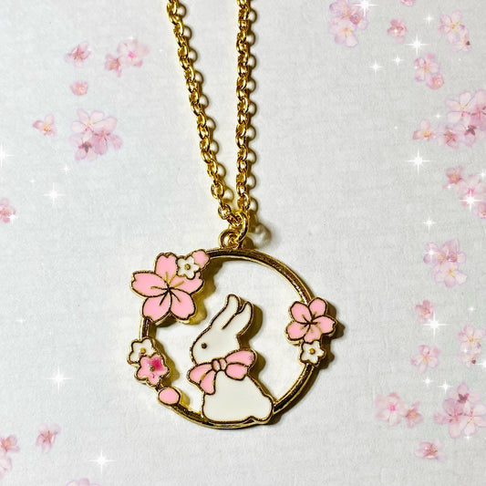 Japanese sakura white anime bunny necklace . Kawaii moon pink pastel gold chain sakura flowers  celestial gift