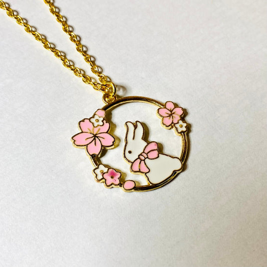 Japanese sakura white anime bunny necklace . Kawaii moon pink pastel gold chain sakura flowers  celestial gift