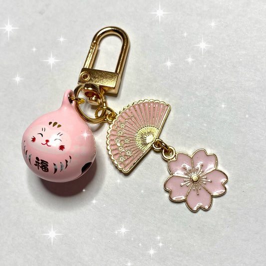 Maneki Neko pink bell Keyring phone charm lucky waving cat with fan sakura charms
