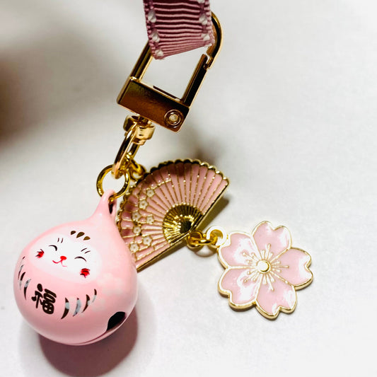 Maneki Neko pink bell Keyring phone charm lucky waving cat with fan sakura charms