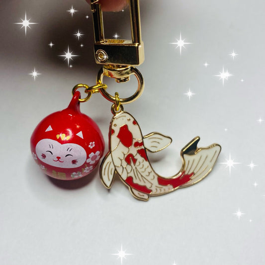Maneki Neko red bell Keyring phone charm lucky waving cat with fan sakura charms
