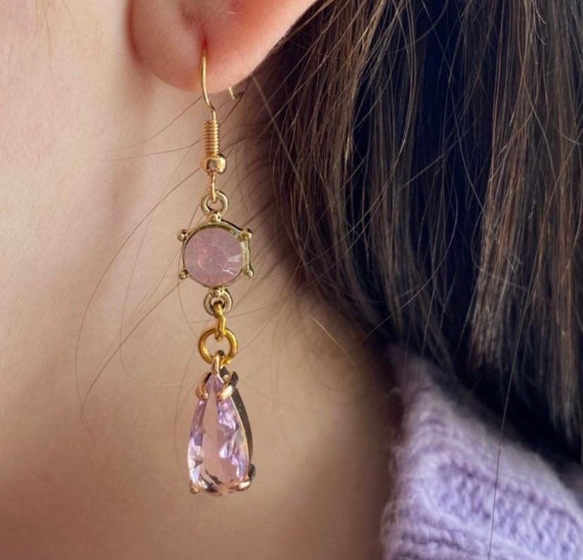 kawaii pink glass gemstone earrings dangle drop gold hook